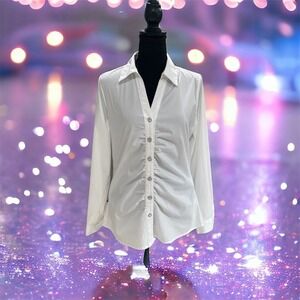 Indigo Rose White Button-Down Shirt M Ruched Detail Embellished Cuffs Women